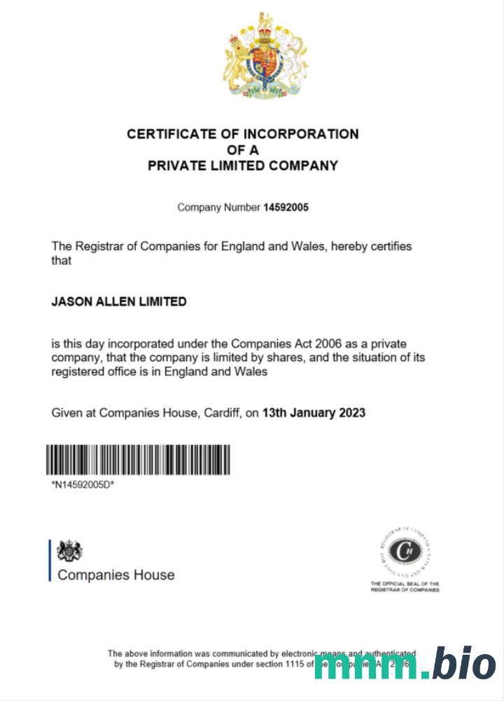 England and Wales vcertyfikat of inkorporacja registration